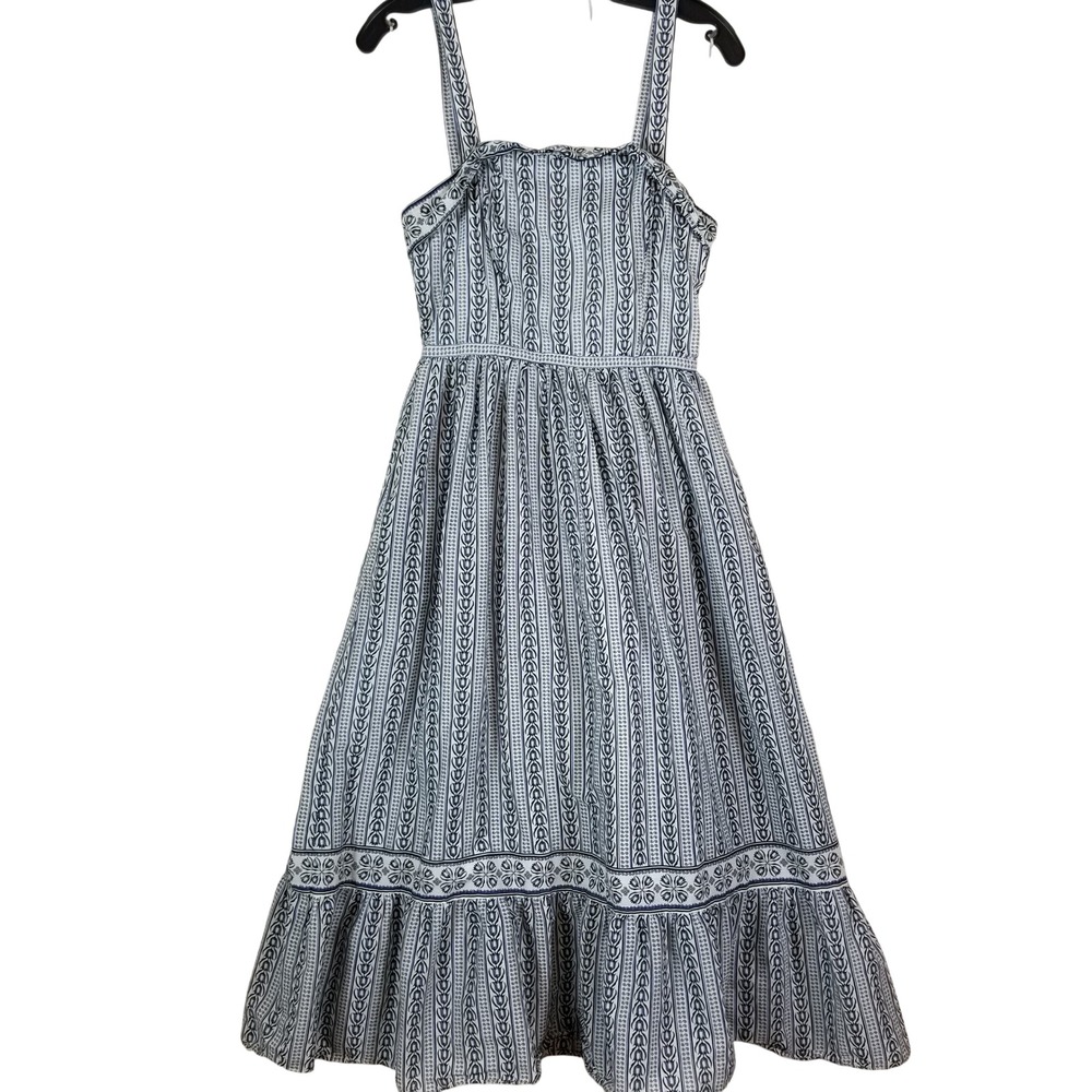 Max Studio London Blue White Floral Stripe Cotton Midi Dress Smocked Back M